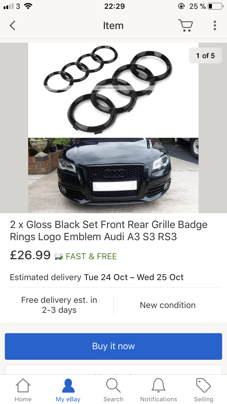 OEM Audi A3/S3/RS3 Front & Rear Emblem Set (Black)